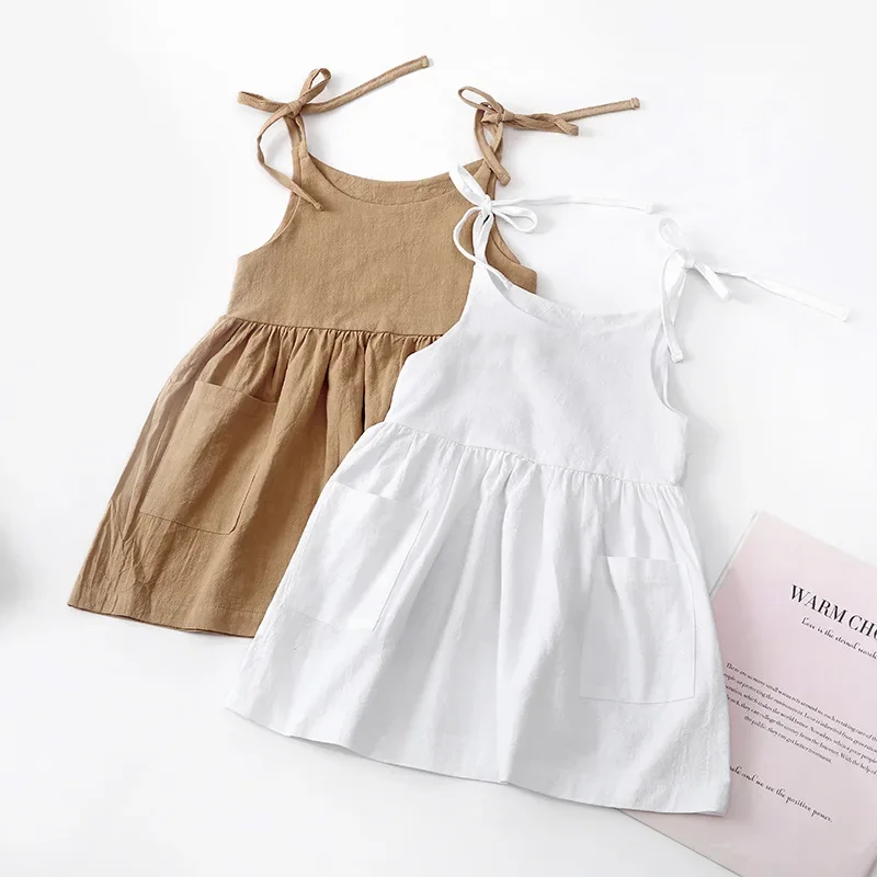 2024 Summer Toddler Girl Dress Solid Cotton Sleeveless Children Dress Kids Sundress Slip Dress Fashion Girls Clothing