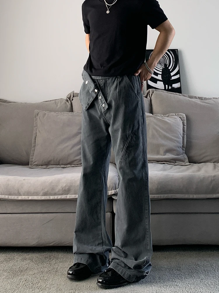 

MKCLOT American Vintage Faded ey Men's Work Pants with Waist Bag Straight Leg Micro Flare Clean Fit Jeans Casual Denim