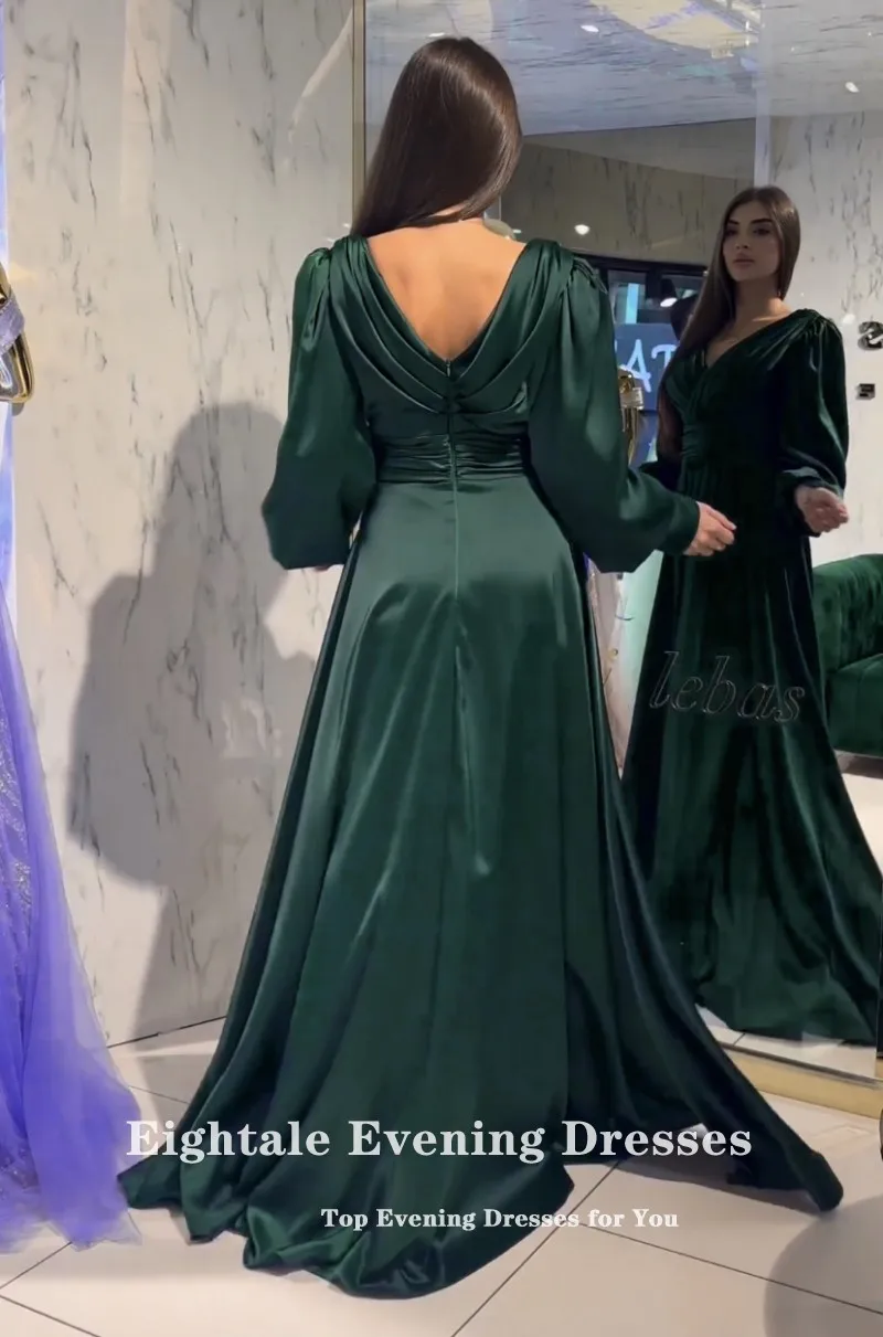 Eightale Dark Green Evening Dresses V-Neck Long Sleeves A-Line Pleats Floor Length Prom Party Gown Wedding Vestidos De Gala