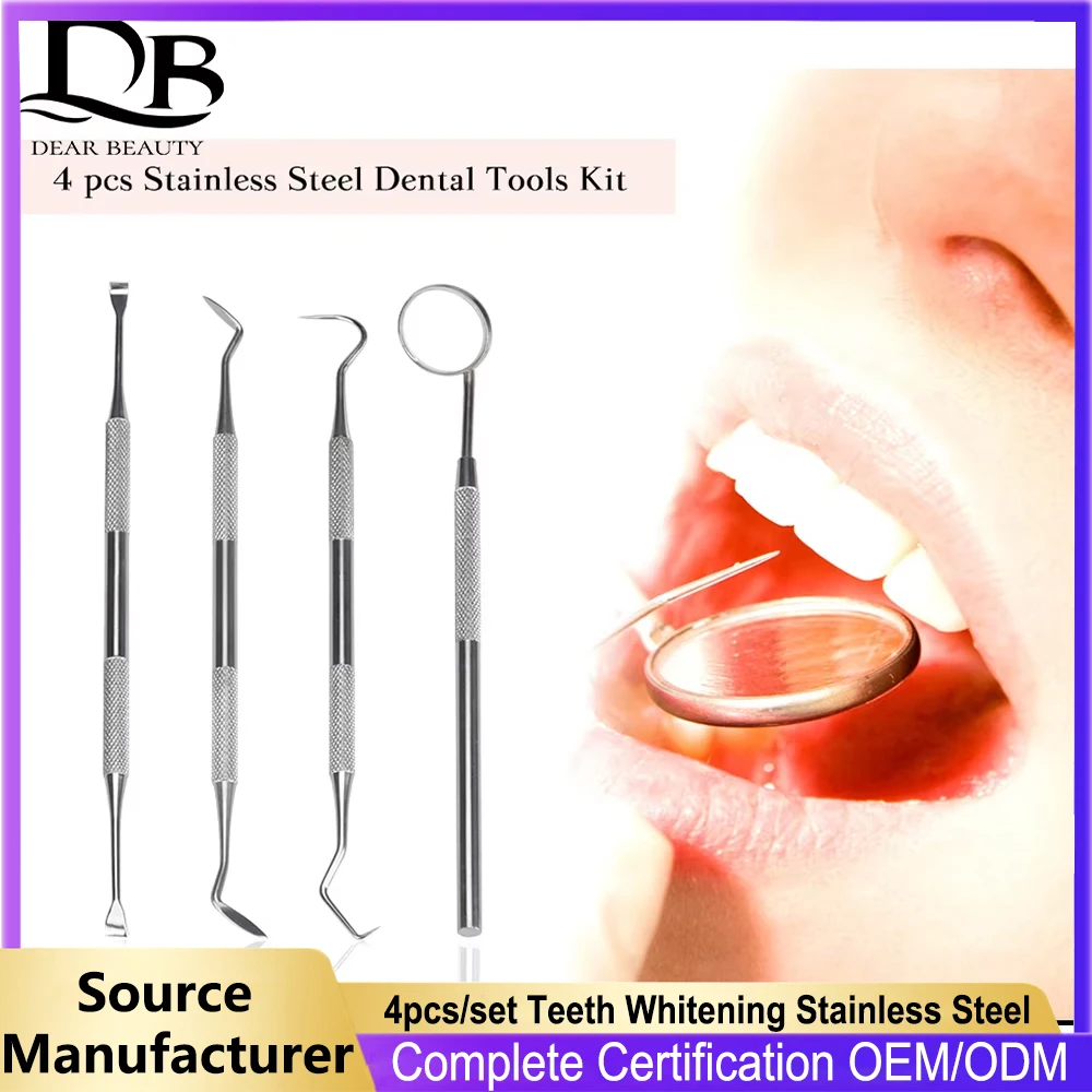 Outil dentaire professionnel en acier inoxydable, blanchiment des dents sain, détartreur de sélection, ensemble de miroirs, nettoyage des dents, outils de maquillage, ensemble de 4 pièces