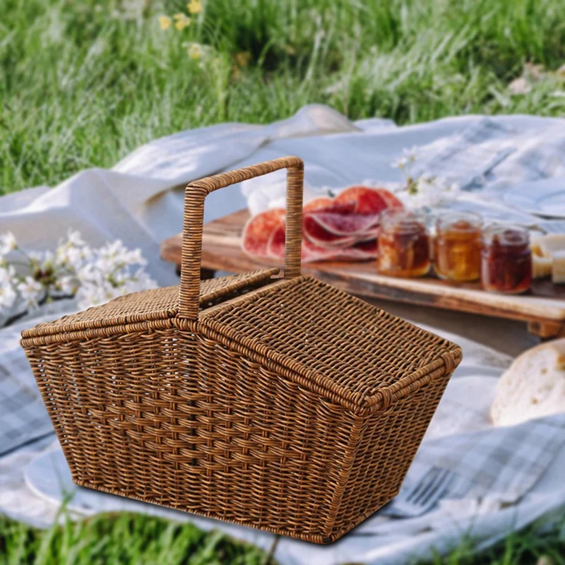 Abae-cesta de mão estilo pastoral com tampa imitação de rattan tecido cesta de piquenique lanches de frutas cesta de armazenamento de artigos diversos