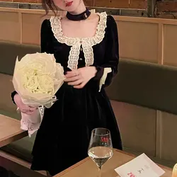 French Style Vintage Mini Dress Velvet Autumn Winter Stylish Lace Spliced Bow Women's Clothing Solid Color A-Line Waist Dresses