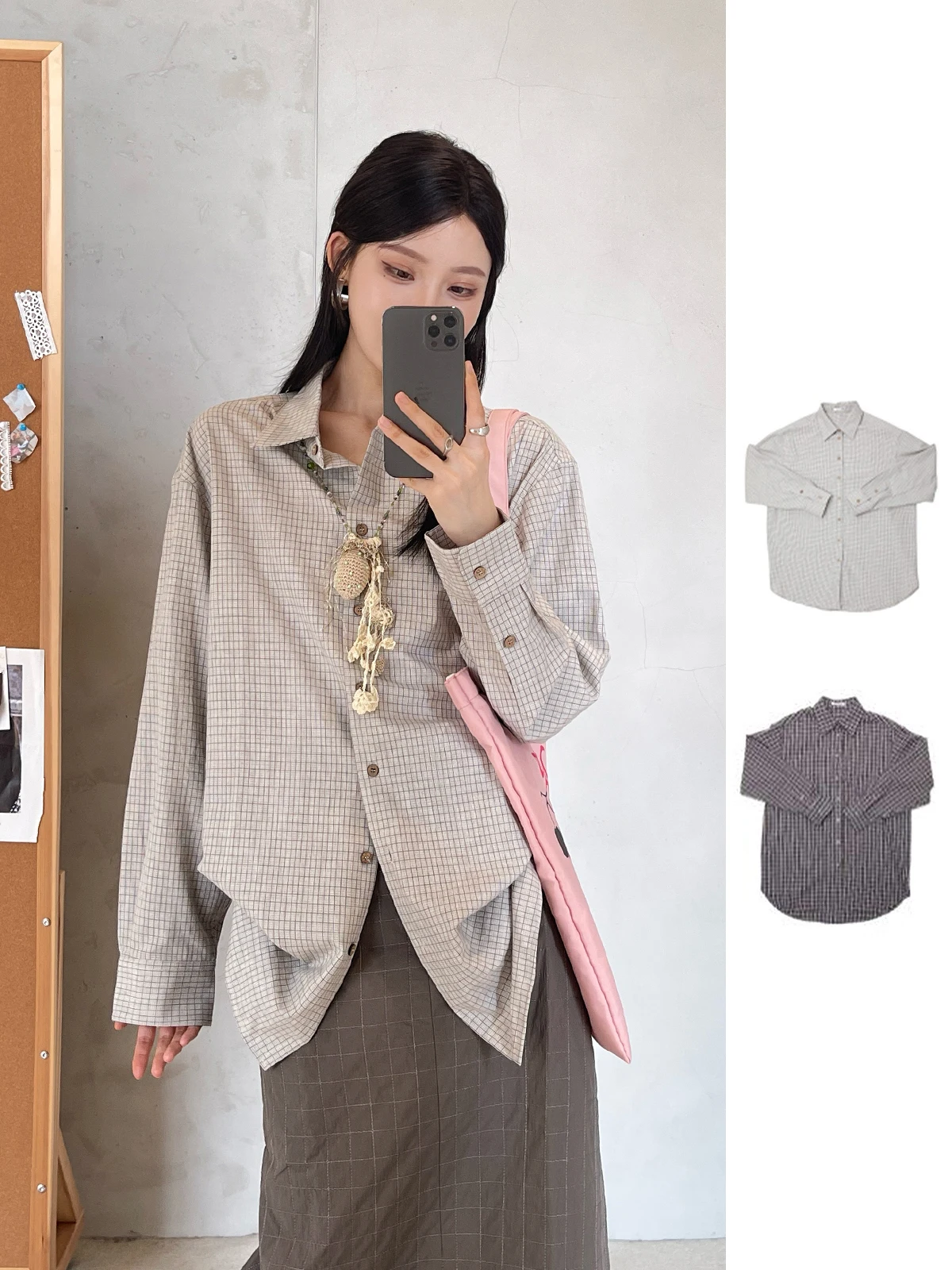

Classic Plaid irt 5Aether Haze Simple Sle Long Sve Women's Button up irt for Autumn Season Straight Cut