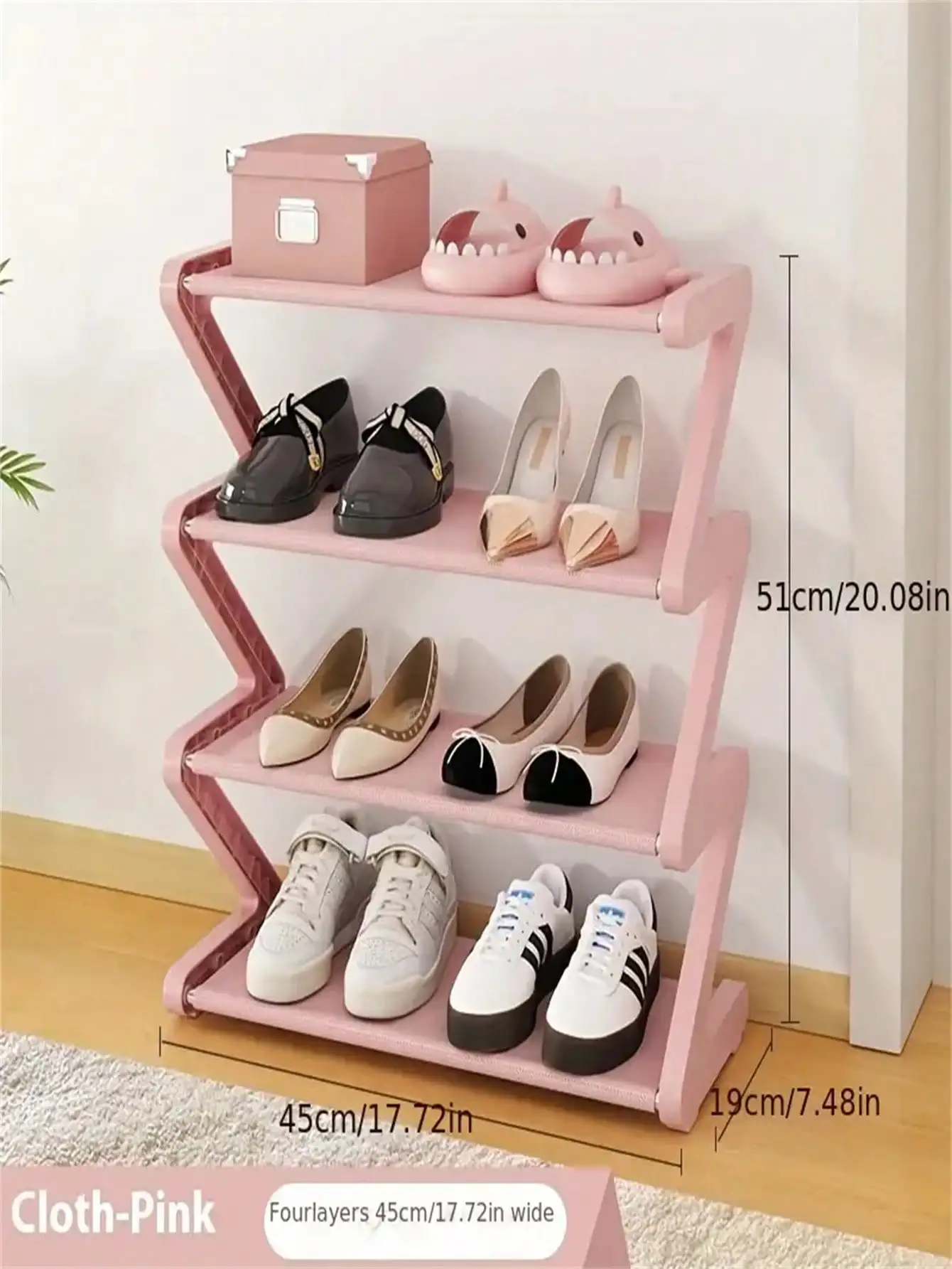 4-lagiges Z-förmiges Schuhregal, unabhängiges Aufbewahrungsregal aus Kunststoff, einfach zu montierender Bodeninstallations-Organizer für Wohnzimmer, keine Werkzeuginstallation erforderlich,