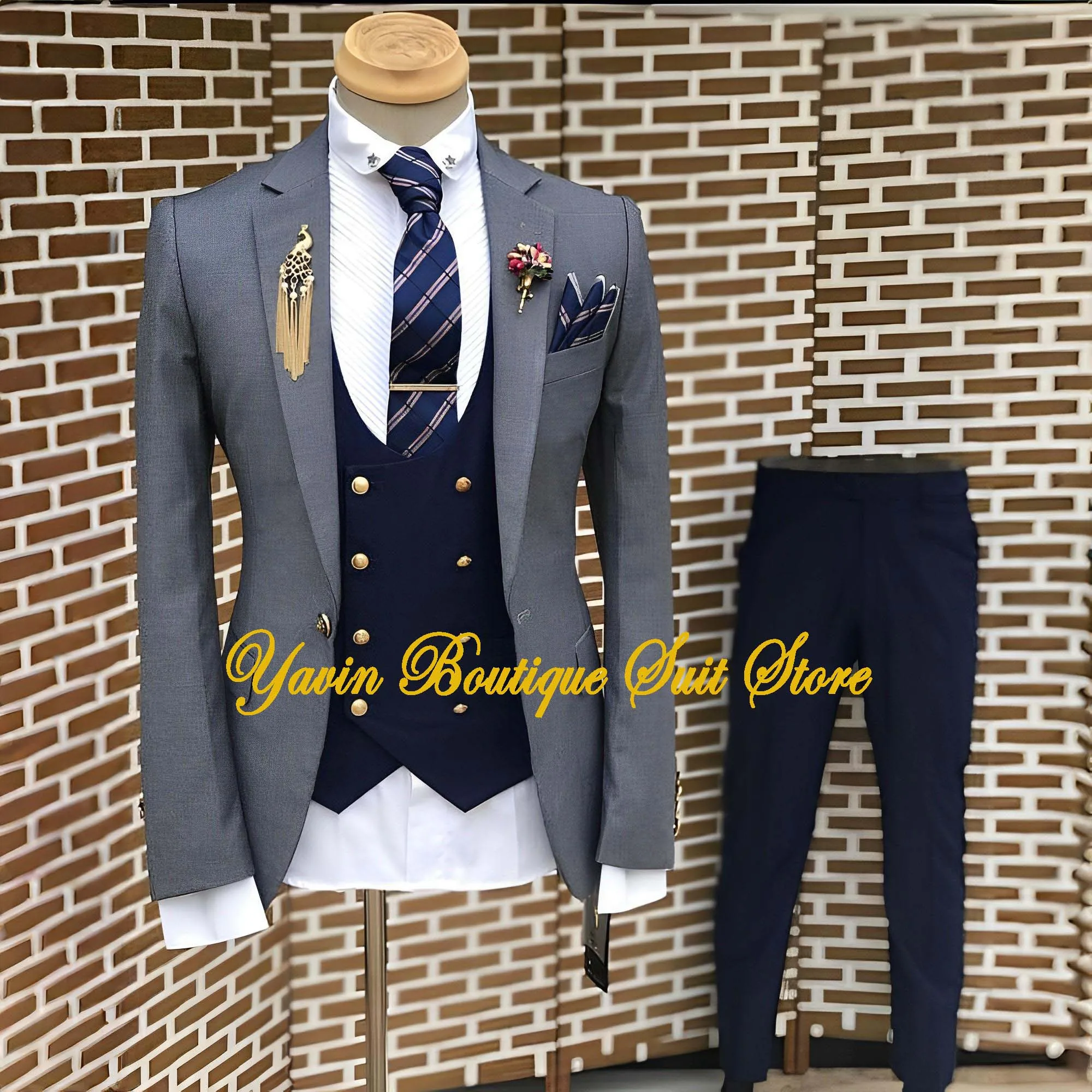 3 Pieces Set Suits Vest Pants Fashion New Men Casual Boutique Pure Color One Breasted Blazer Groom Wedding Party