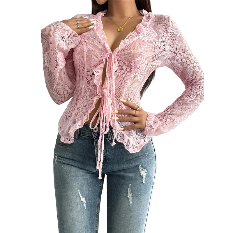 AOAO-haut transparent en dentelle pour femmes, col en V, maille transparente, chemises ouvertes sur le devant, chemisiers à manches longues, hauts de sortie Y2k