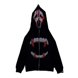 Zipper Ghost Rhinestone Hoodies Black Gothic Sweatshirts Y2k Bling Autumn Jackets Grunge American Fashion Hoodie Men Streetwear