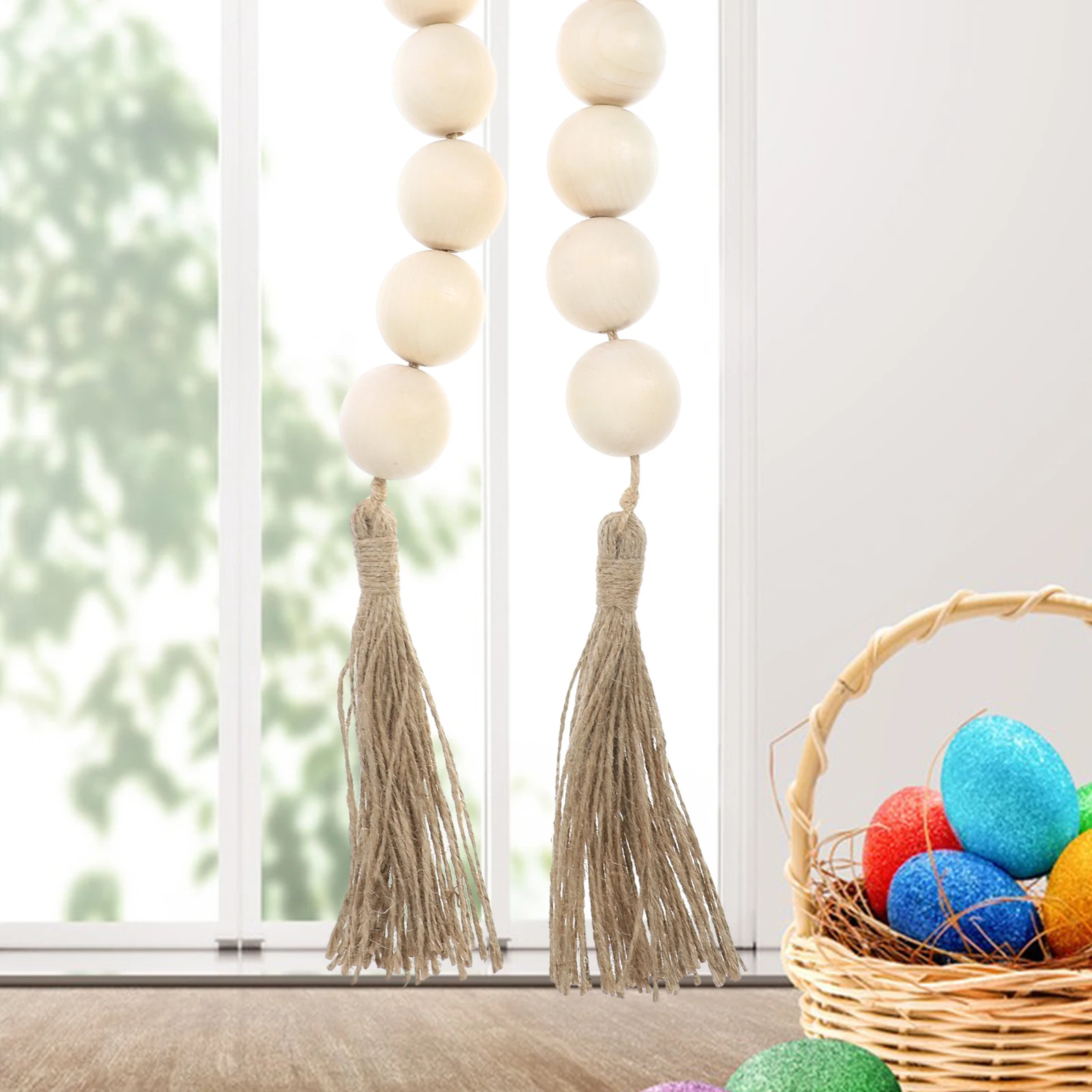 

Rustic Wooden Beads Garland with Tassels Hanging Ornament for Farmhouse Home Decor Wedding Easter Festival Wall Hanging