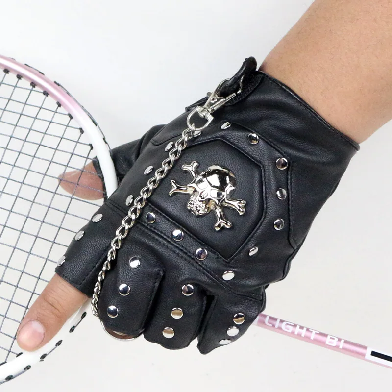 

Pirate Skull Half Finger Leather Cycling Gloves Men's Fitness Snow Chains Outdoor Sports