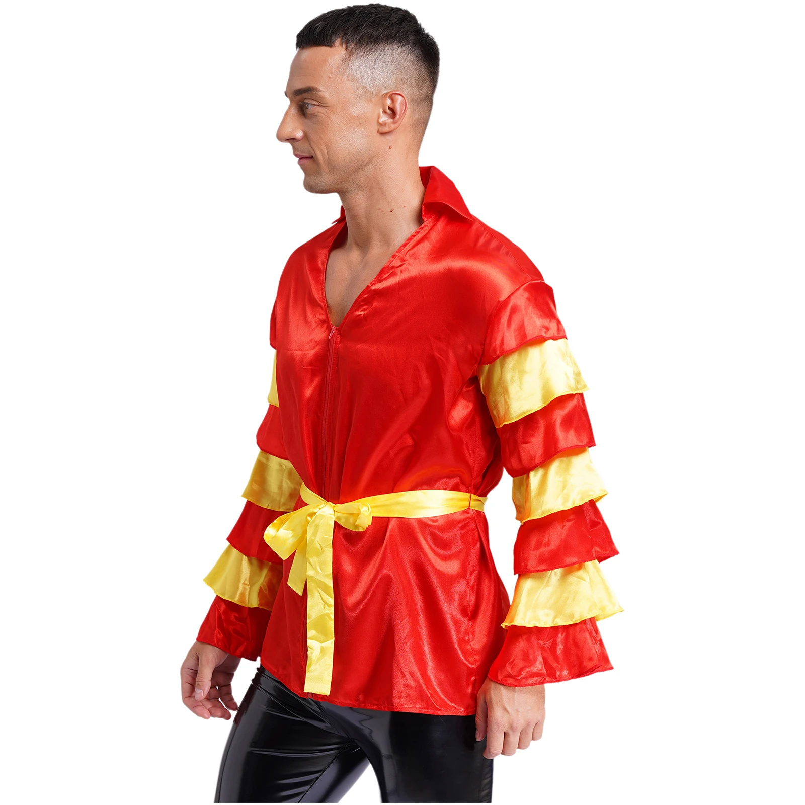 Camisa satinada con cinturón para hombre, ropa con solapa, cuello en V, cremallera frontal, manga acampanada, disfraz para carnaval, fiesta de Halloween