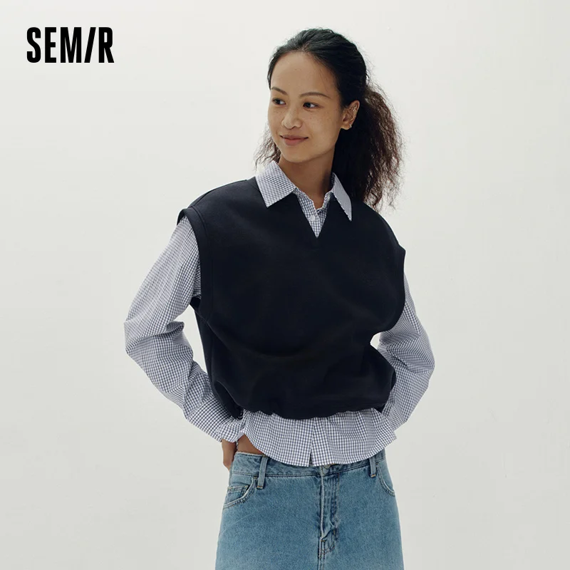 Semir Women Shirt Plaid V Neck Drawstring Vest Two Piece Retro Campus Style Loose Long Sleeve Blouse Daily Wear 2026