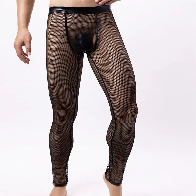 Calça de malha vazada masculina, perneiras transparentes, roupa de boate, lingerie, gay, sexy, rede de pesca, fundo