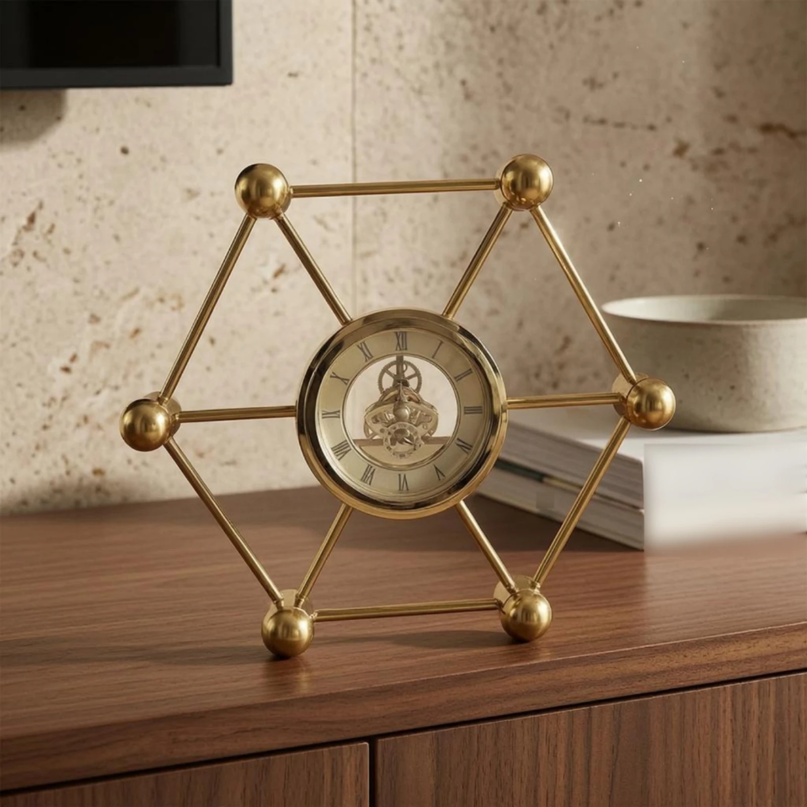 Tabletop Display Wire-frame Geometric Clock Ornament Gold-colored Round Analog Metal Timepiece for Home Decor