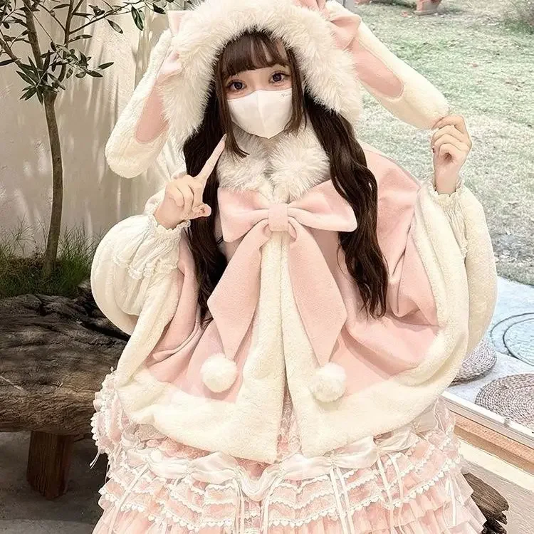 

SOIOMES Velvet Rabbit Cloak Christmas Lolita Sweet Soft Cute Rabbit Ears Winter Clothes Butterfly Knot Woolen Coat Girl