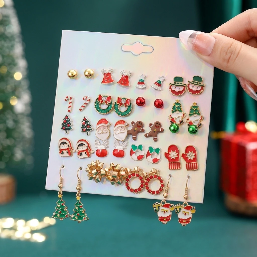 Modisches Weihnachts-Ohrringe-Set für Damen Glänzende Zirkon Weihnachtsbaum Schneeflocke Weihnachtsmann Ohrstecker Party-Schmuck – Detail 2