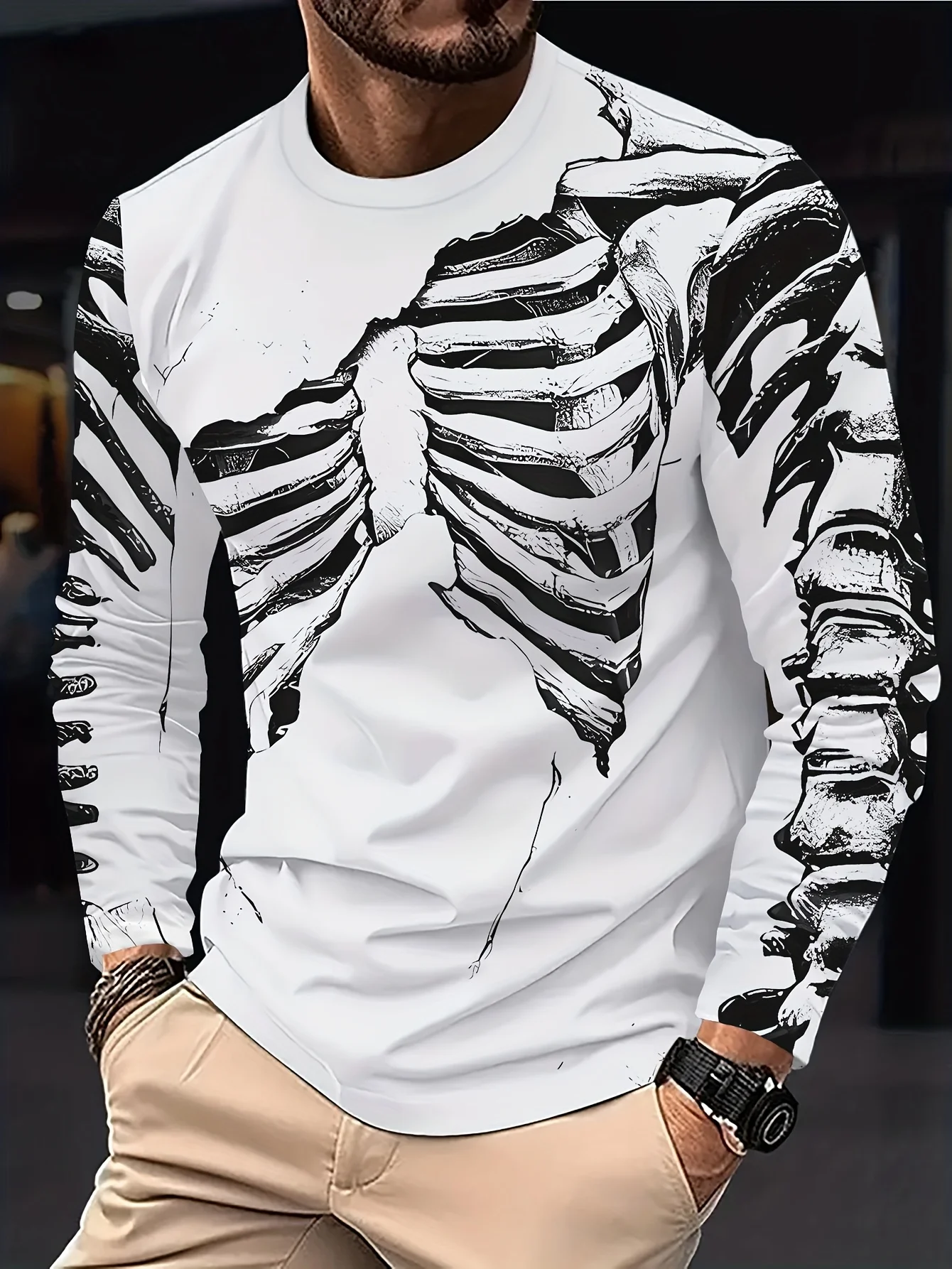 

​ Мужская футболка со скелетонизированной клеткой, белая эластичная полиэстеровая футболка с круглым вырезом, всесезонная, повседневная, удобная посадка ​