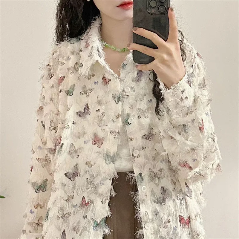 Shirts & blouses Spring and Summer Thin Long-sleeved Shirt Female Design Sense Niche Artistic Sense Floral Polo Collar Shirt