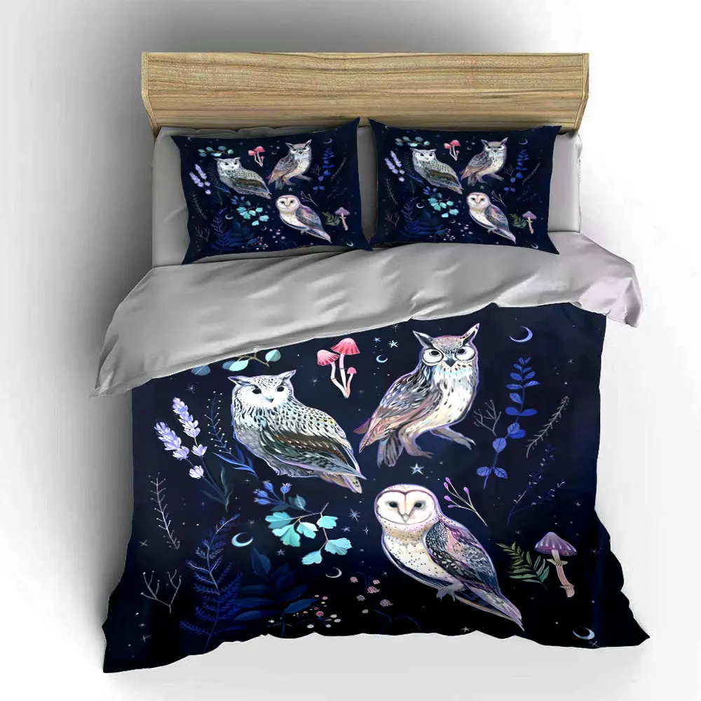 Owls in nature under starry night Pattern Duvet Cover Set Digital Print Colorful Polyester Bedding with Zipper Closur for gifts 5