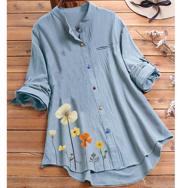 

Cotton Linen Shirt Blouse for Women 2023 Spring Summer Floral Print Colorful Buttons Long Sleeve Large Size Tops Vintage Clothes