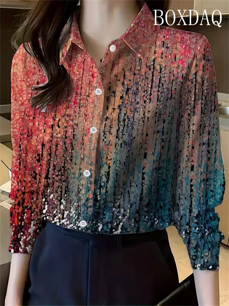 

Spring Autumn Ladies Shirt Long-Sleeve Lapel Design Cashew Flower Pattern Tie Dye 3D Printing Daily Style Elegant Fashion Blouse