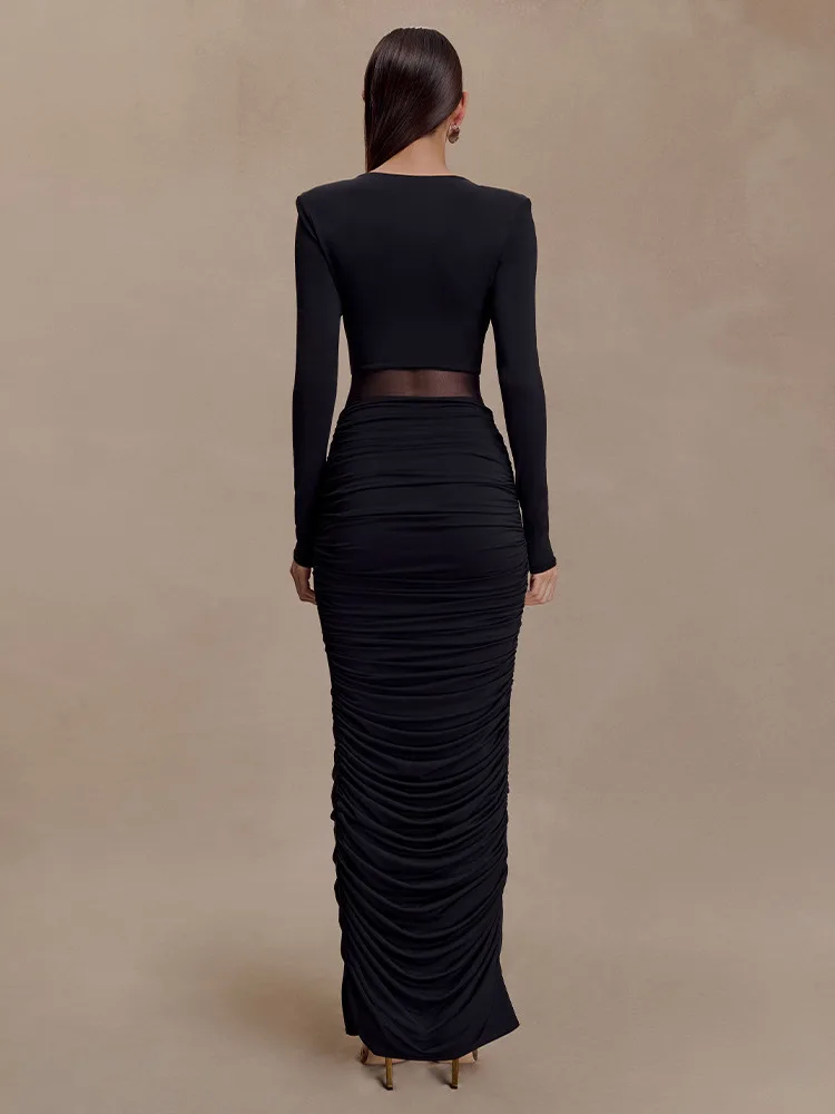 القطب الشمالي مثير العميق الخامس شبكة المرقعة Bodycon فستان أنيق مطوي المرأة سليم فستان طويل الخريف الشتاء نادي الحفلات ثوب مسائي