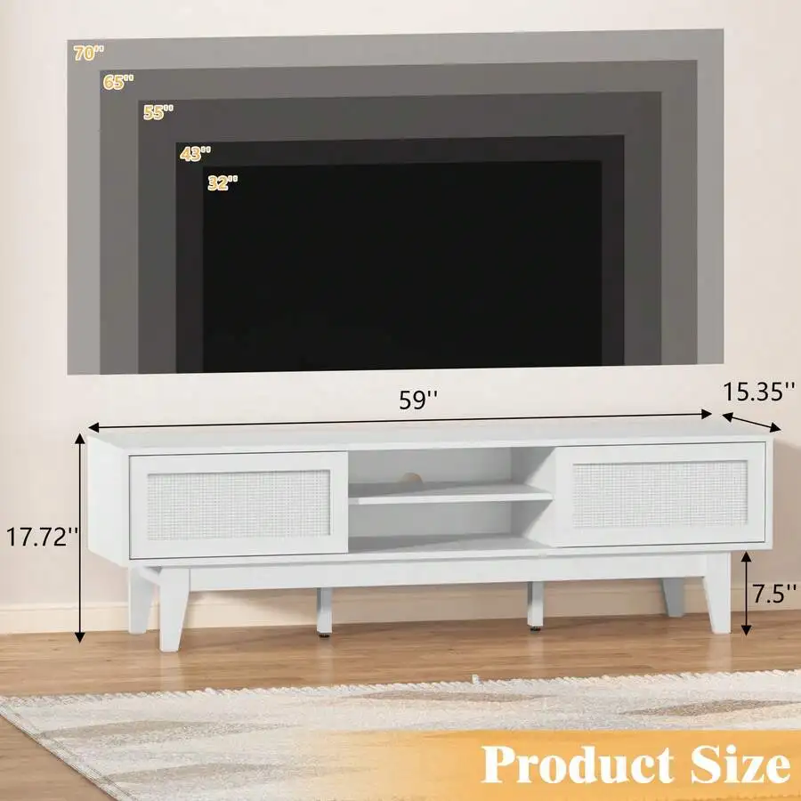 Rattan TV Stand For 55 65 70 Inch TV, Large TV Console, Entertainment Center With 2 Cabinets, Long Boho TV Stand, Modern TV Stands For Living Room, Bedroom