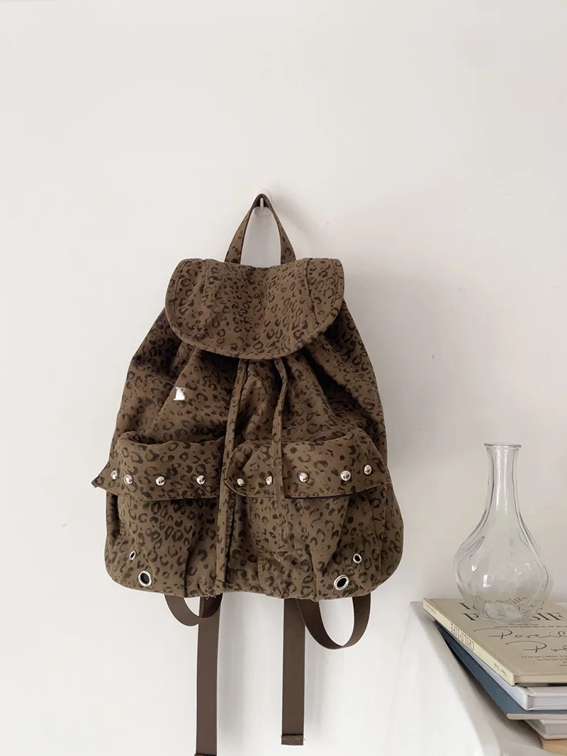 

Korean Single Light Texture Casual Leopard Print Bead Double oulder Bag Autumn Winter Vintage Double oulder Bag