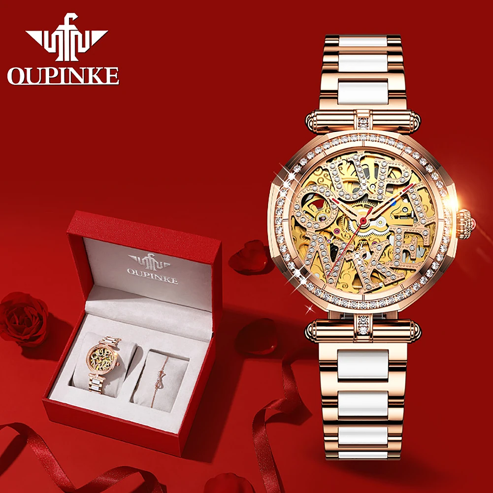 

OUPINKE 3175 Fashion Luxury Women's Fully Automatic Mechanical Watch Sapphire Mirror Waterproof Watch Elegant Bracelet Set Gift