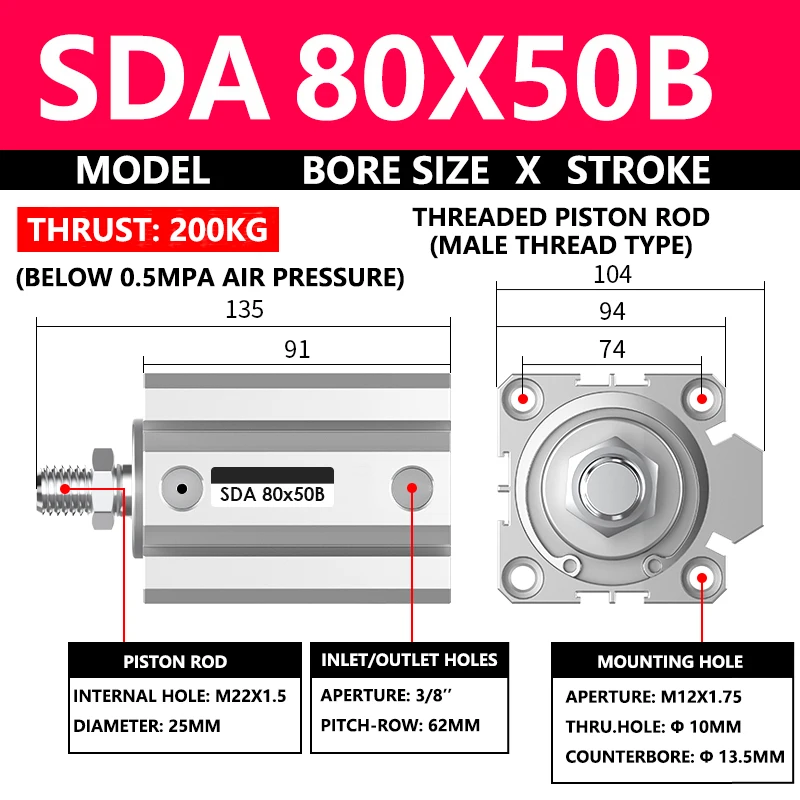 ABILKEEN SDA80X50B SDA Series Thin Air Cylinder 80MM Male Thread Bore X 50MM Stroke Double Acting Pneumatic Compact Cylinder