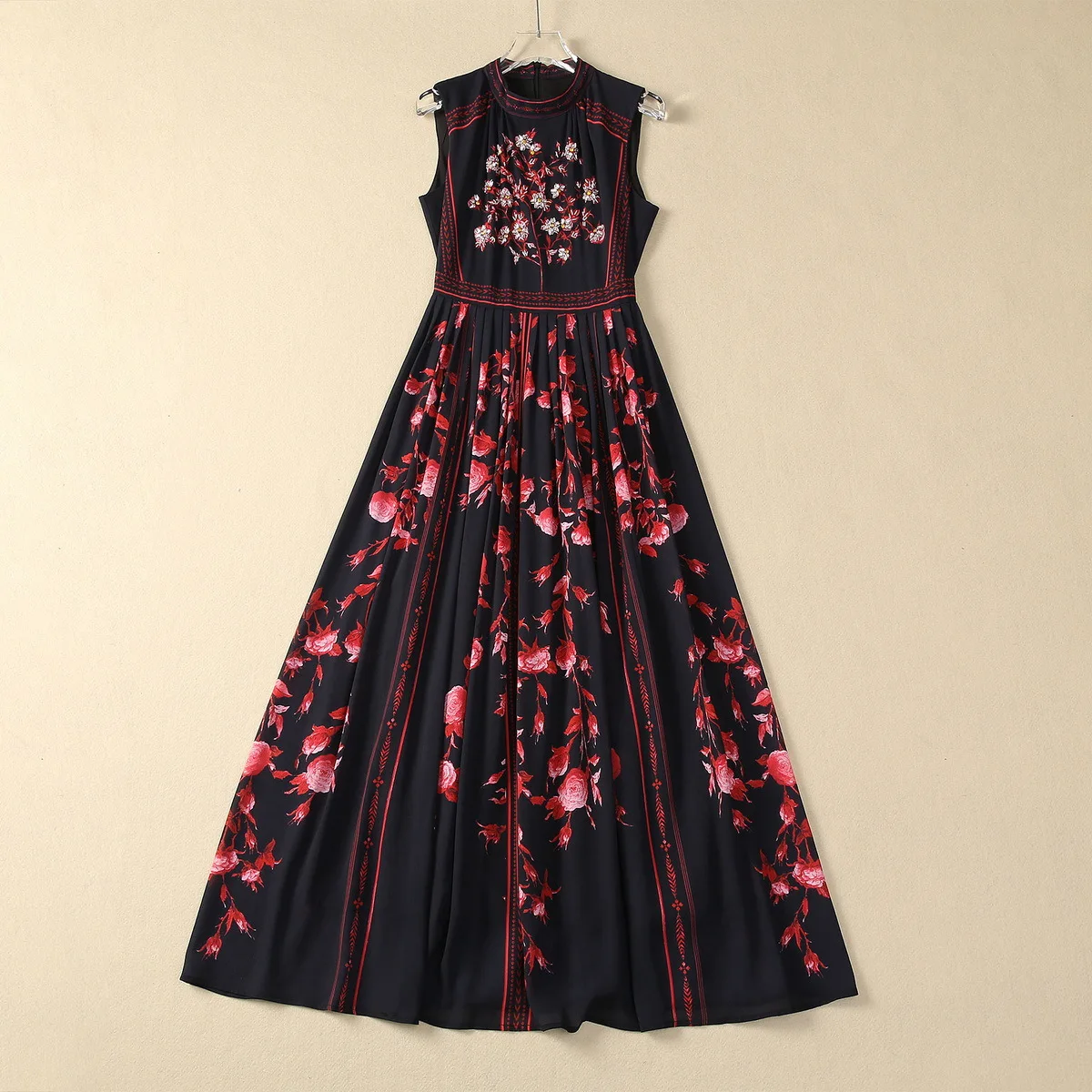 

Europe and the United States women's 2024 summer new Stand collar Sleeveless heavy stitching bead printing Fashion pleated dress