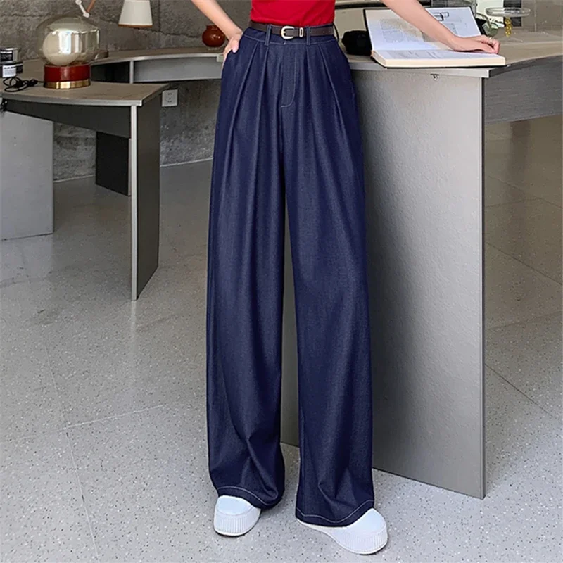 

Seoulish, весенне-летние женские широкие джинсовые брюки, новинка 2024, повседневные свободные брюки с высокой талией и однотонными карманами, женские