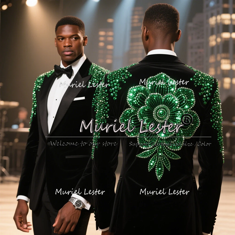 Exquisite Crystals Beaded Suits Men 2 Pieces Set Single Breasted Groom Blazers Customized Wedding Tuxedos Slim Fit Costume Homme