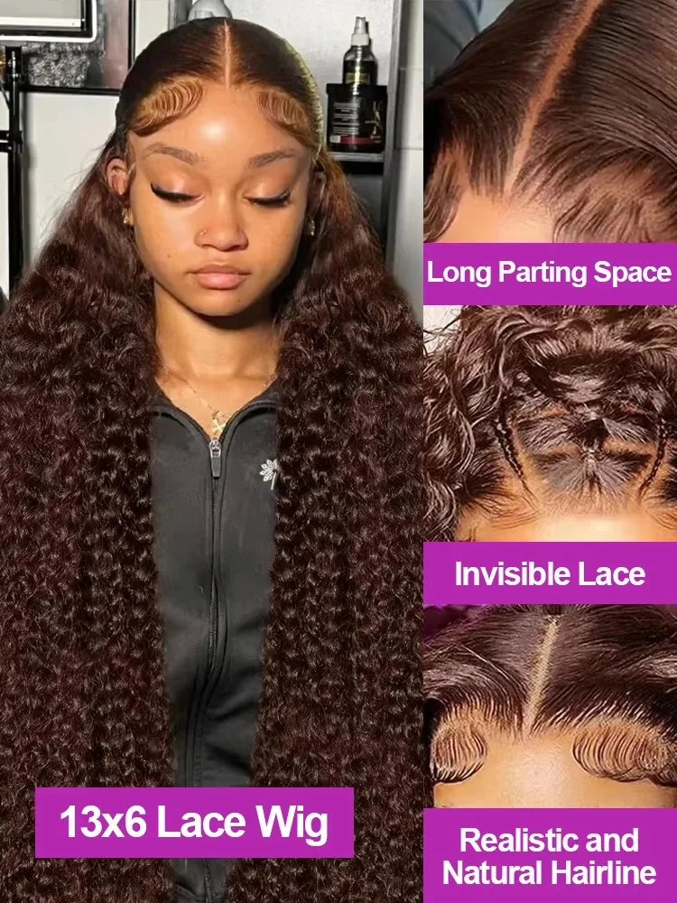 Chocolate Brown Deep Wave Frontal Wig Colored #4 Deep Curly Lace Front Human Hair Wigs Remy 13x4 HD Lace Frontal Wigs For Women image 3