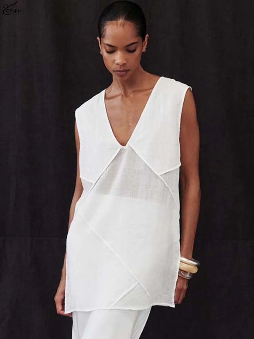

Oymimi Casual White V-Neck Women's Shirt Fashion New Sleeveless Straight Shirts Autumn Side Slit Solid Shirts Female Clothing
