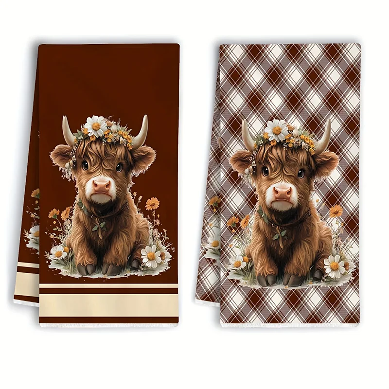 2Pcs, Highland Cow Brown Plaid Kitchen Towels, 40Cm*60Cm To…