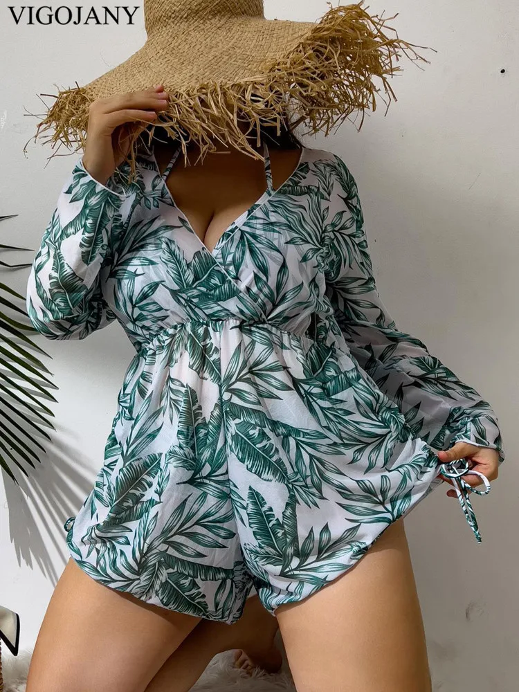 VigoJany 2025 Print 3-częściowy długi rękaw Smock Plus Size Bikini Set Kobiety Wysoka talia Duży strój kąpielowy Push UP Chubby Strój kąpielowy