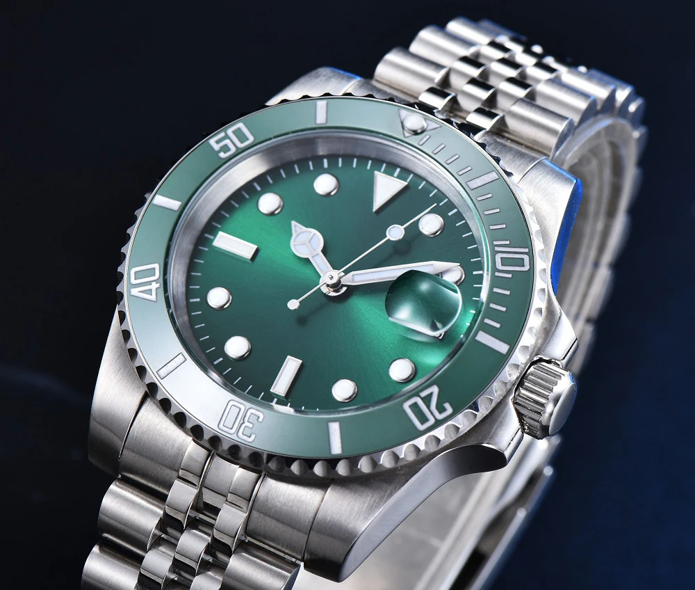 

40MM Nologo Green Mechanical Men's Watch 21 Jewels MIYOTA 8215 Movement Stainless Steel Solid Case Ceramic Bezel