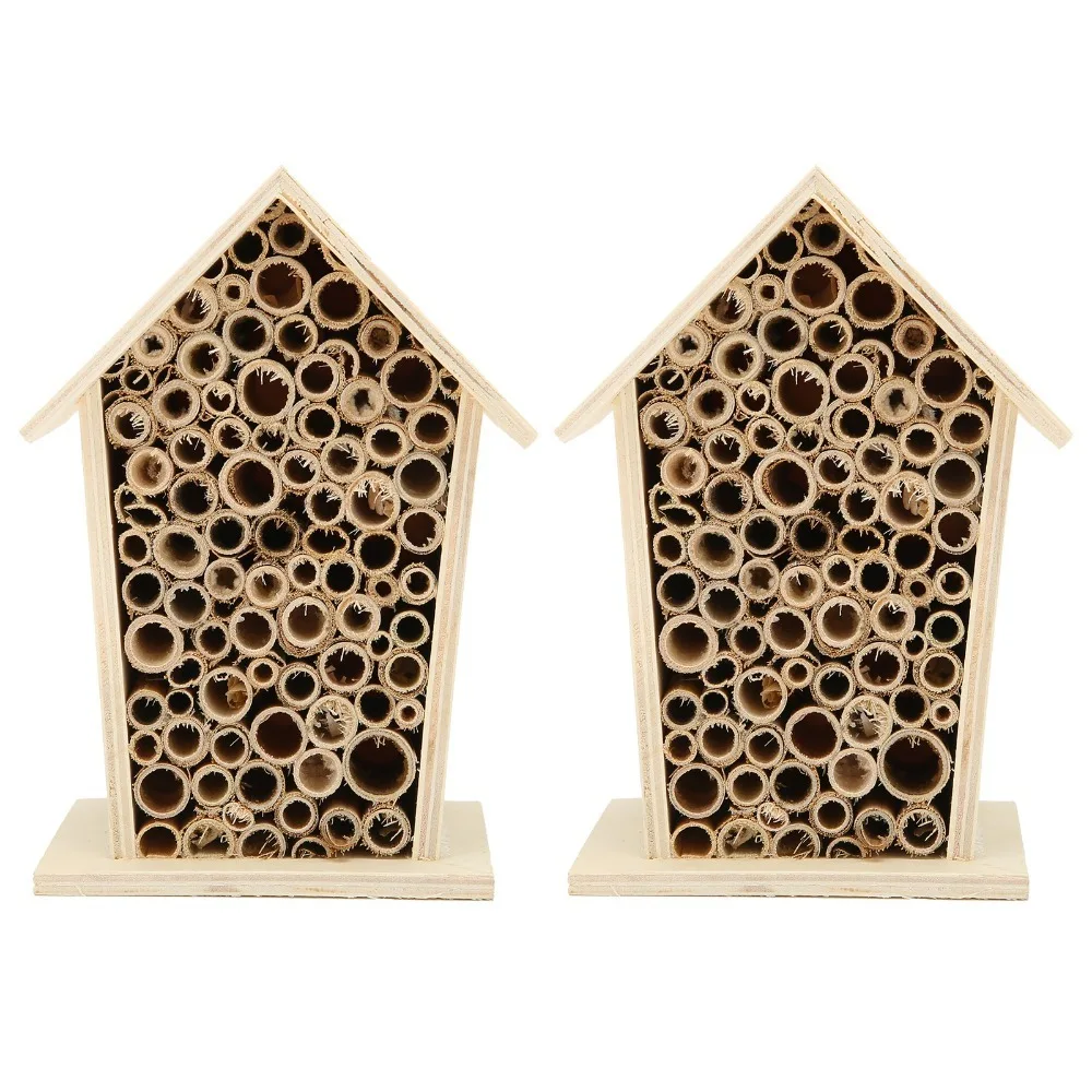 2 Pcs Wonderful Gift Wood Wooden Bee House Reed Durable Insect House Non-Toxic Wall Mountable Bee Hotel Garden Decoration
