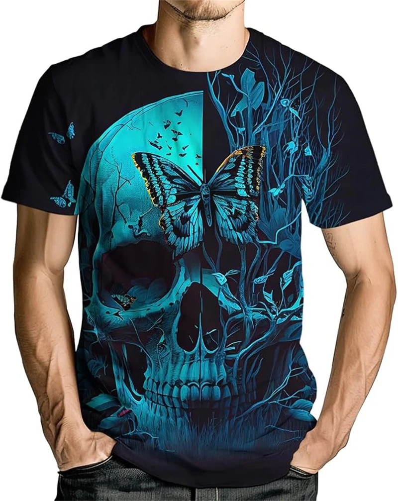 Novelty Mens 3D Halloween Graphic T‑Shirt Spooky Blood Stain Skull Pumpkin Pattern Short Sleeve Casual Costume Daily Wear Tees