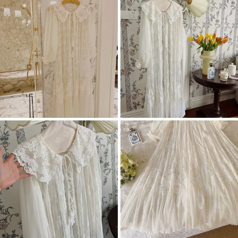 

Vintage One Piece Women's Robe - Elegant White Lace Sleepwear for Royal Princess Long Nightgown