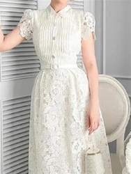 Embroidery 2023 Summer Dress Boho Short Sleeve Lace Dresses Women Party Vintage Solid A-Line Elegant Mesh Woman Sexy Vestido