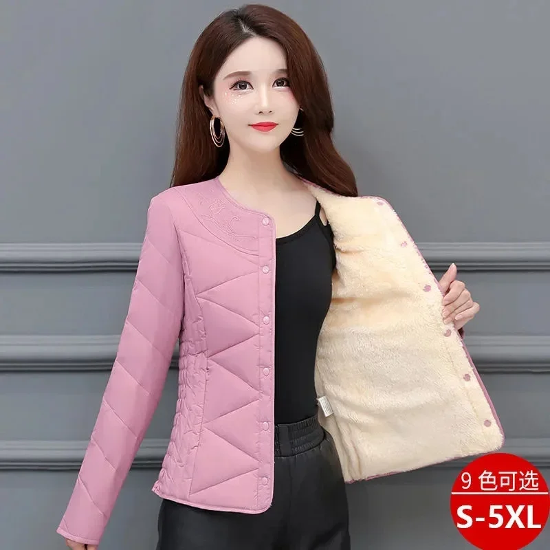 Women's Inner Short Mother's Wear Velvet Thickening Middle-Aged Elderly Mom Wear Pocket Jacket Pink Winter Down Padded Jacket