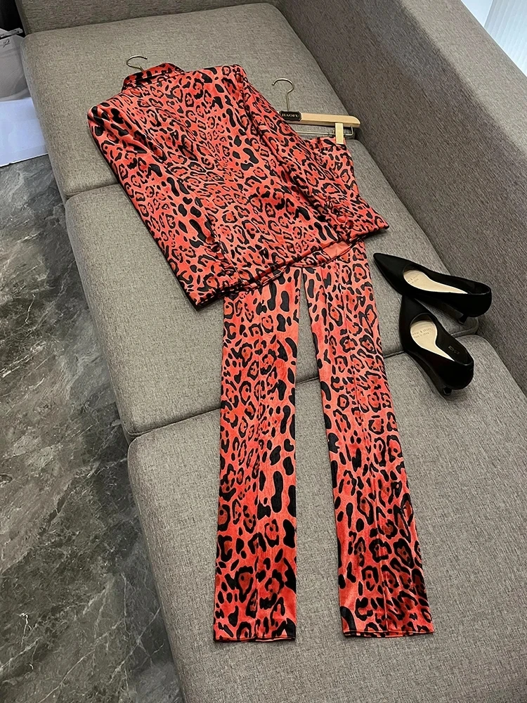 HIGH STREET Newest Fashion 2025 Designer Suit Set Women's Single Button Leopard Printed Velvet Blazer Pencil Pants Suit 2PCS