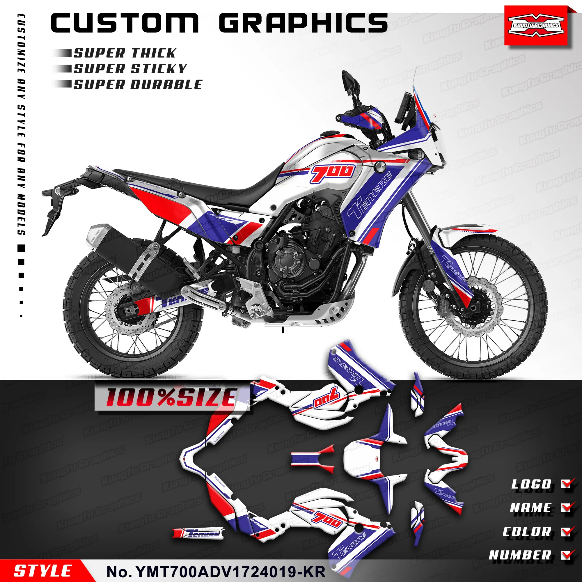 

Клейкая наклейка KUNGFU GRAPHICS для Yamaha Tenere 700 T700 T7 2017 2018 2019 20 21 22 23 24, детали, YMT700ADV1724019-KR