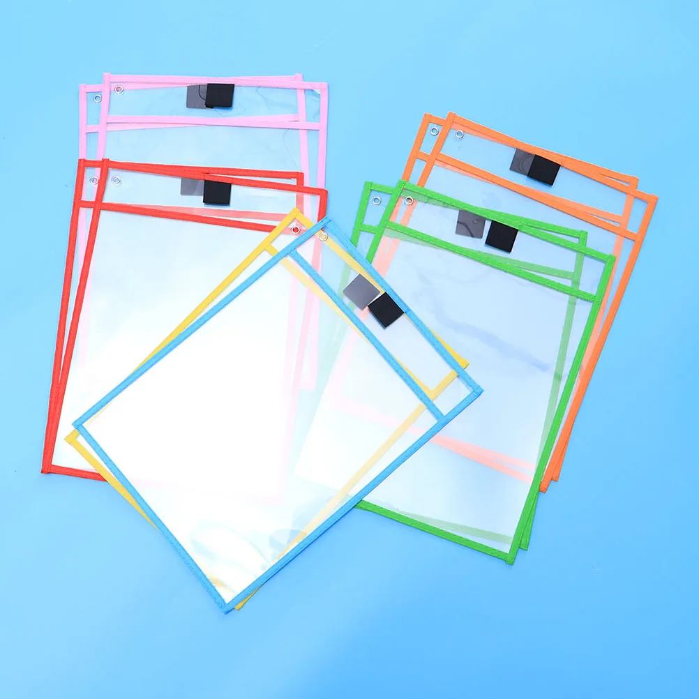 

12pcs Reusable Dry Erase Pockets Pvc Clear Wipeable Waterproof Marker Holder Hanging Grommet Office School Supplies