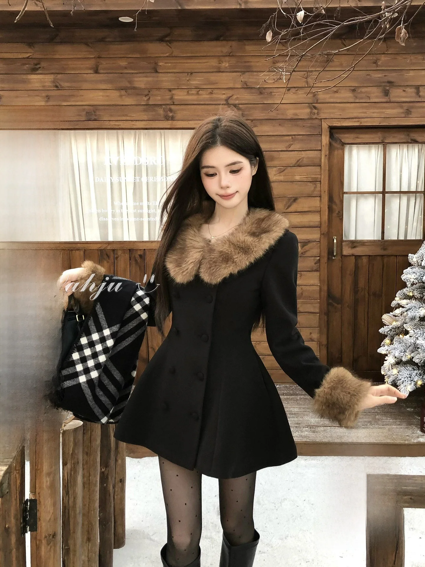 

Retro Sle Double Breasted Removable Fur Collar Woolen Coat for Women Thiened Long Sve Mid-Length Pure Color Jaet
