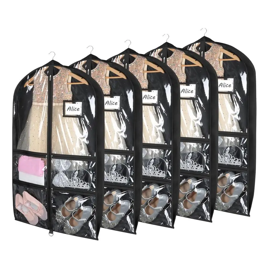 

Набор из 5 прозрачных сумок для танцевальных костюмов с 3-мя вставками, 40 сумок для танцевальных костюмов для танцоров с 4 карманами на молнии, вмещают 13 танцевальных костюмов.