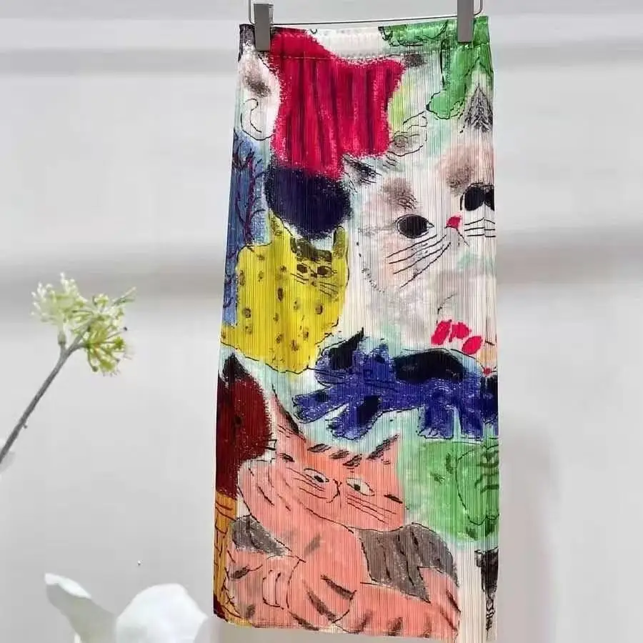 

pleated print pleated skirt summer niche high sense of thin high commuting new kitten thin long skirts