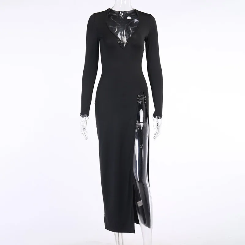 

V Neck Sexy Side Slit Balck Elegant Dresses for Women Fashion Bodycon Dresses Long Sleeve Tight Midi Slim Frocks 2022 Club Party