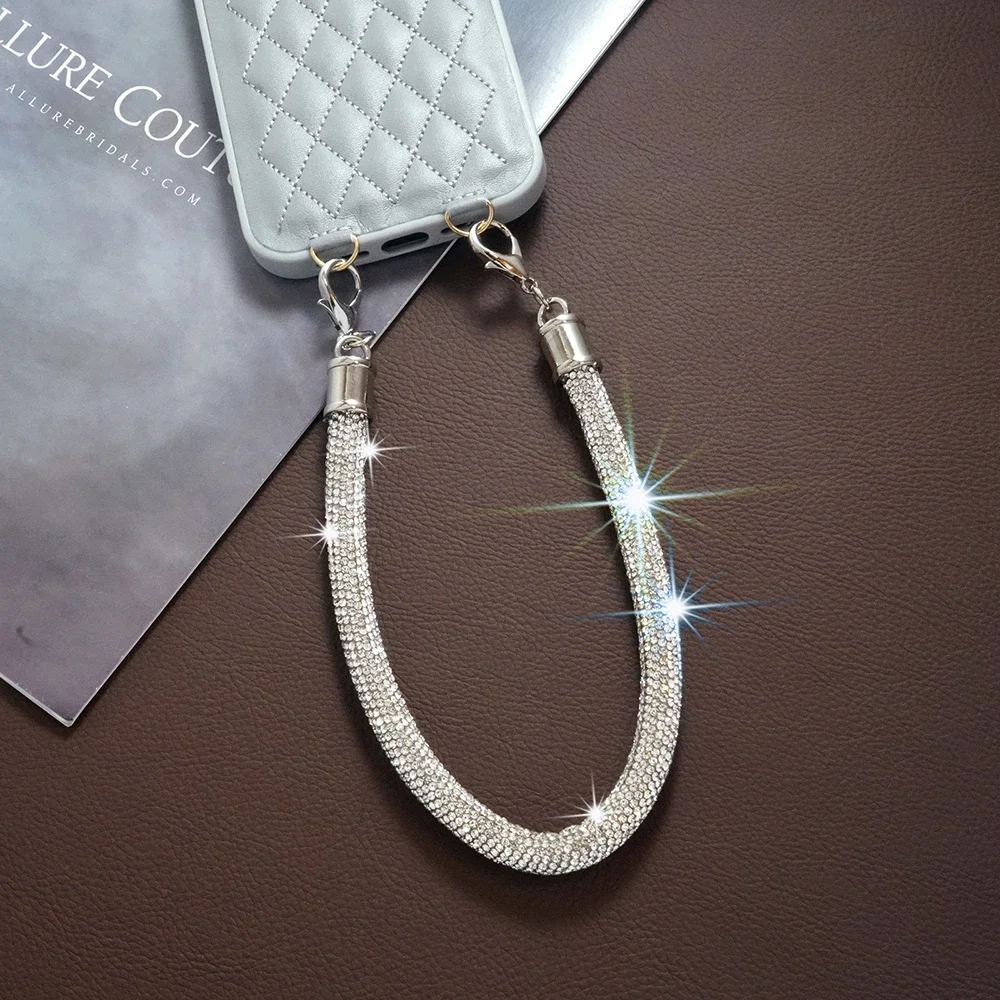 สร้อยข้อสั้นสายเชือกคล้องข้อมือป้องกันการสูญหายทำจากผ้าฝ้ายประดับพลอยเทียมหลากสีสำหรับเคสโทรศัพท์มือถือ